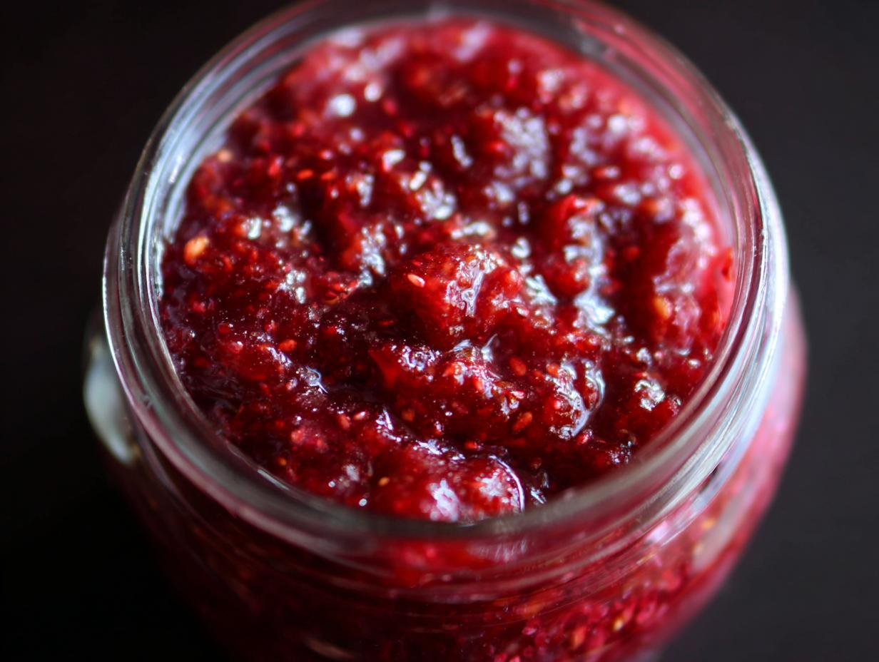 Close-up view of a jar filled with glistening, deep red Christmas jam, showcasing its chunky texture.