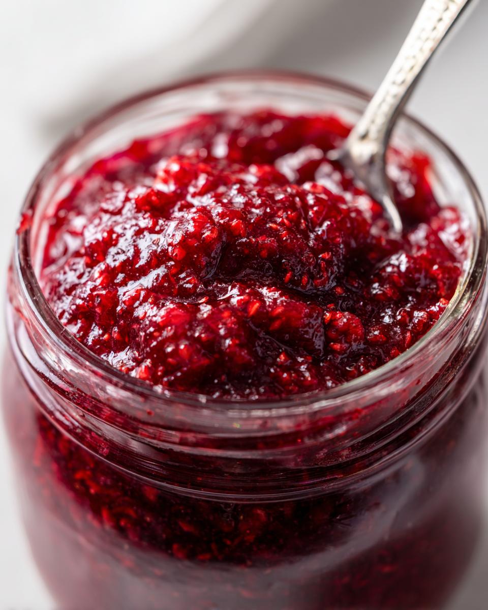 A close-up shot of a glass jar filled with vibrant, homemade Christmas jam, with a spoon resting inside.