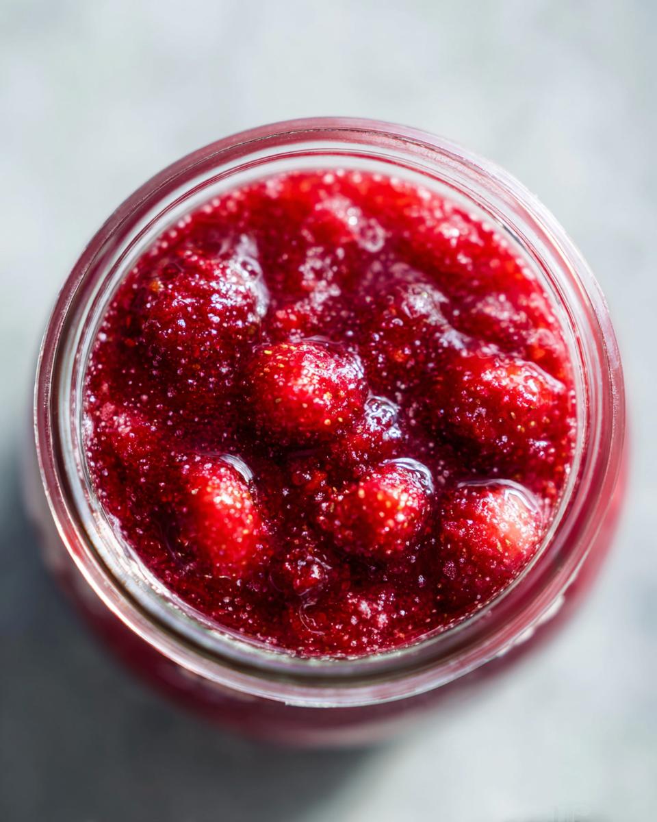 Top-down view of a glass jar filled with vibrant red Christmas jam, featuring whole strawberries and a glistening texture.