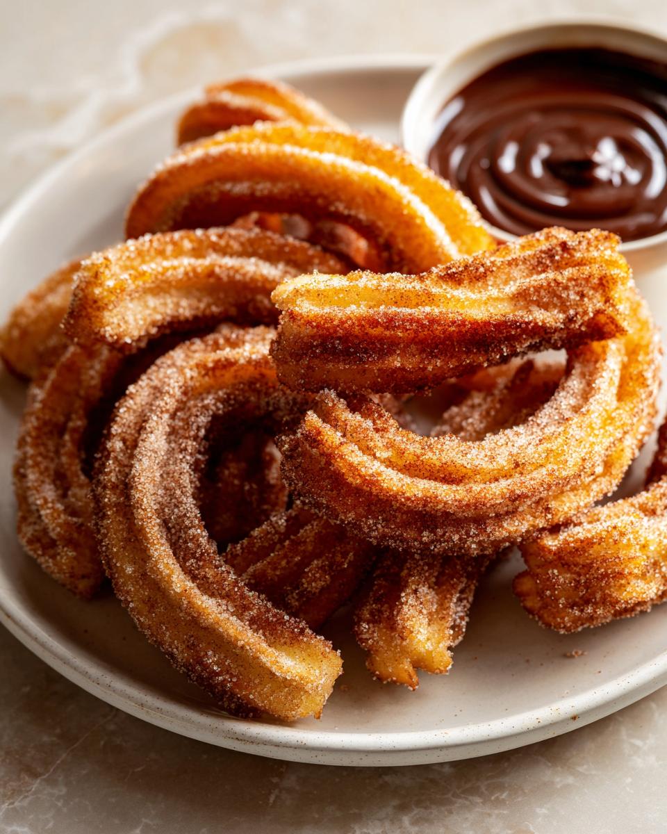 A plate of freshly fried churros coated in cinnamon sugar, served with a side of rich chocolate dipping sauce.