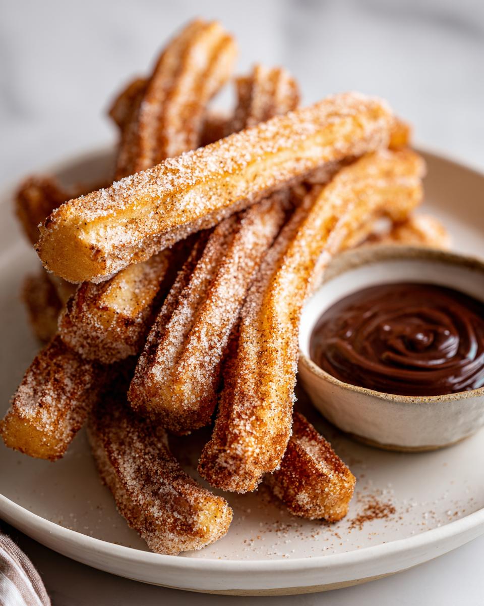 A pile of freshly fried churros coated in cinnamon sugar, served with a bowl of rich chocolate dipping sauce.