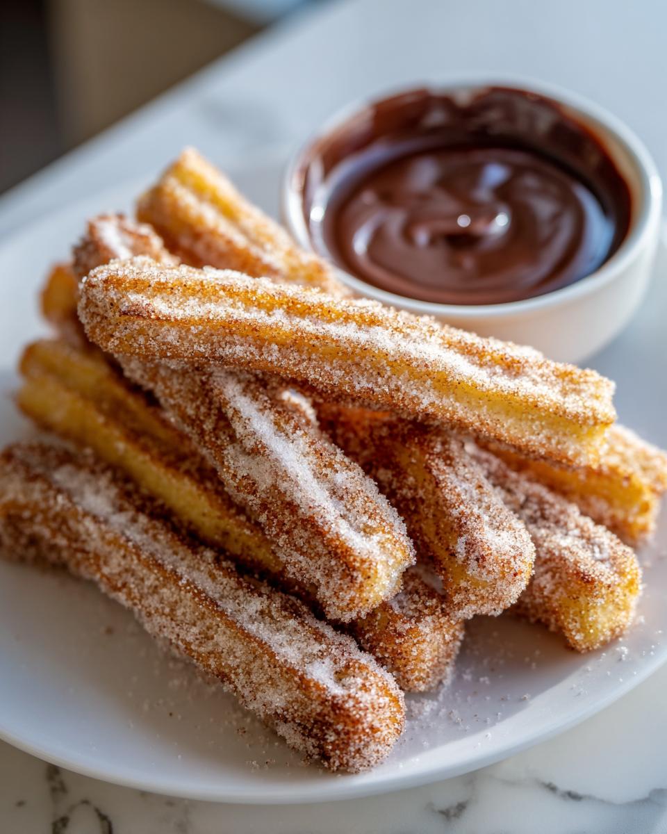 A pile of freshly fried churros coated in cinnamon sugar, served with a bowl of rich chocolate dipping sauce.
