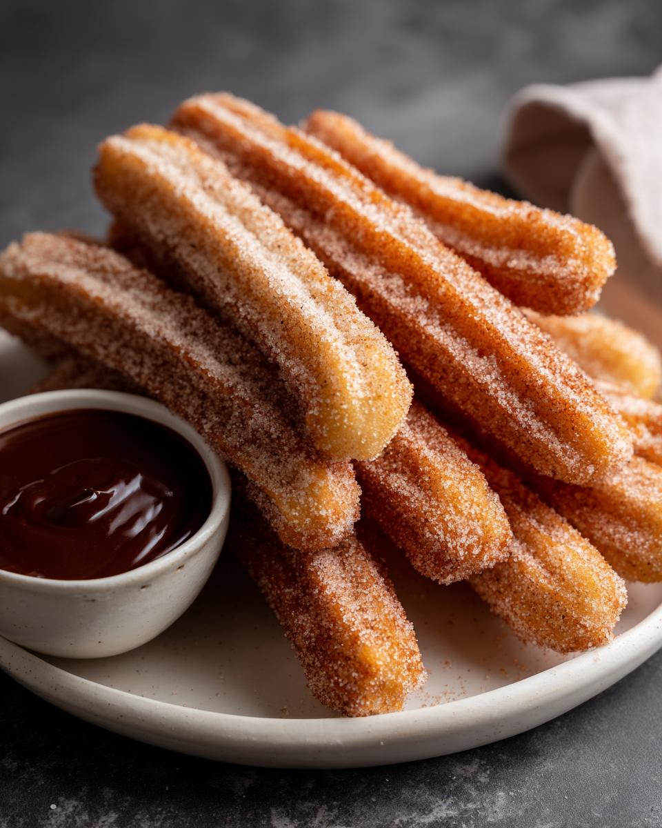 A pile of freshly fried churros coated in cinnamon sugar, served with a bowl of rich chocolate dipping sauce.
