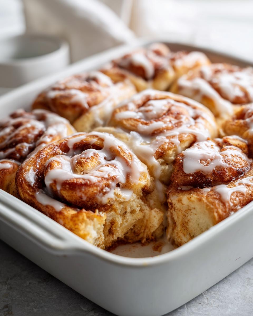 A white baking dish filled with gooey cinnamon roll casserole, drizzled with white icing.