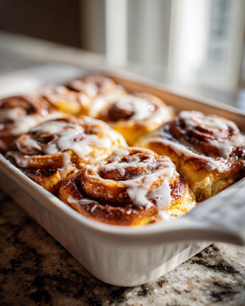 Close-up of a white baking dish filled with golden brown cinnamon roll casserole, drizzled with white icing.