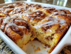 Close-up of a freshly baked cinnamon roll casserole in a white baking dish, drizzled with white glaze.