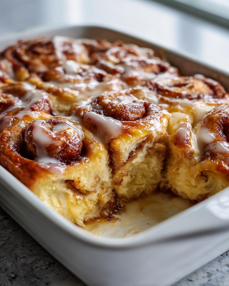 Close-up of a freshly baked cinnamon roll casserole in a white baking dish, drizzled with white glaze.