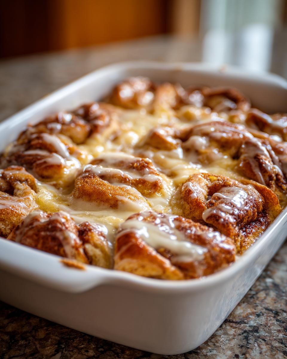 Close-up of a white baking dish filled with gooey cinnamon roll casserole, drizzled with icing.
