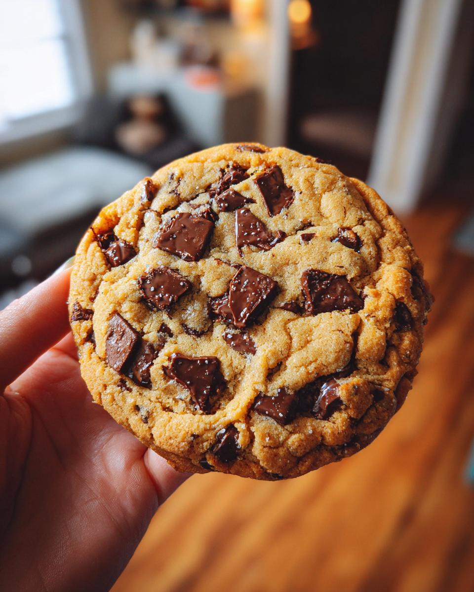 A hand holding a perfectly baked classic chocolate chip cookie with generous chunks of melted chocolate.