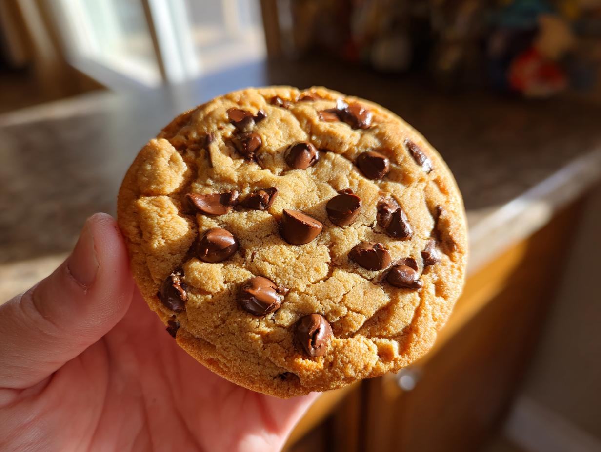 A hand holding a perfectly baked classic chocolate chip cookie with melty chocolate chips.