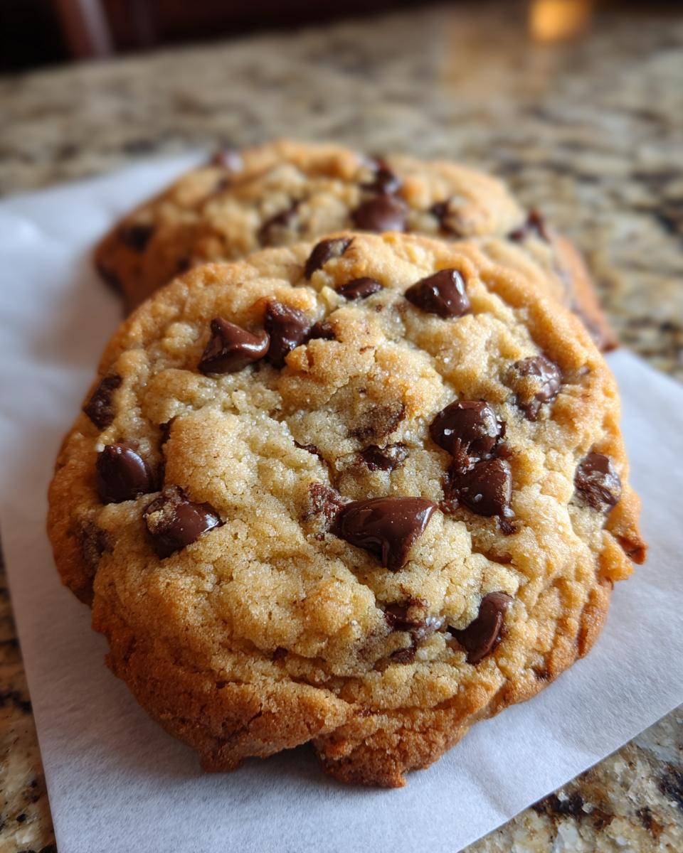 Close-up of two perfect classic chocolate chip cookies with melted chocolate chips.