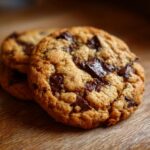 Close-up of two perfectly baked classic chocolate chip cookies with generous amounts of melted chocolate chunks.