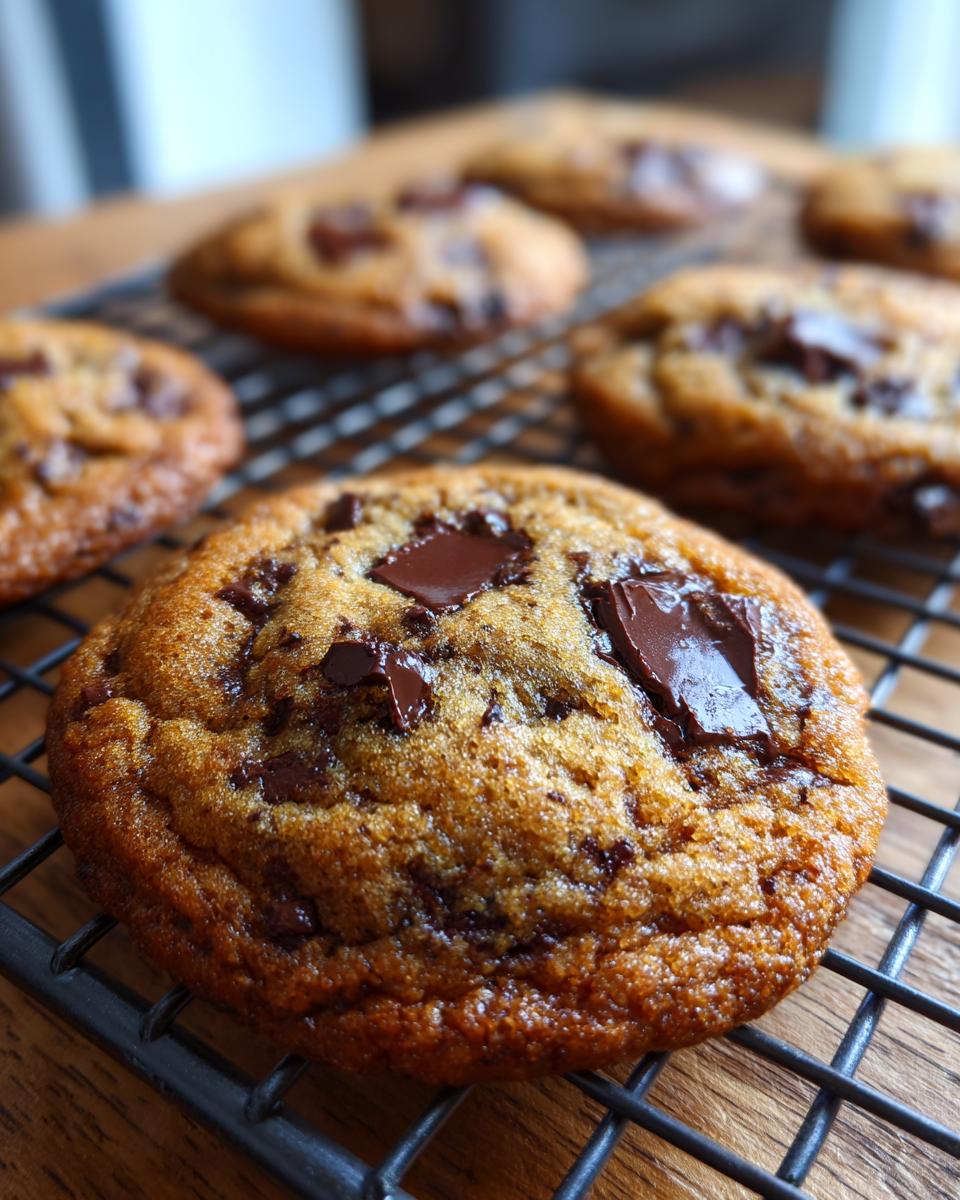 Close-up of a perfect classic chocolate chip cookie with melty chocolate chunks on a cooling rack.