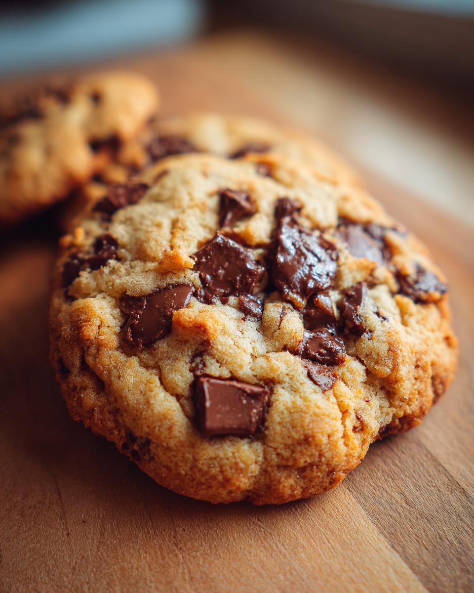 Close-up of a delicious classic chocolate chip cookie with generous chunks of melted chocolate.