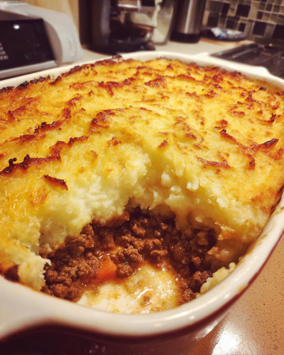 A close-up of a golden-brown baked Classic Shepherd's Pie in a white dish, with a scoop removed showing the meat filling.