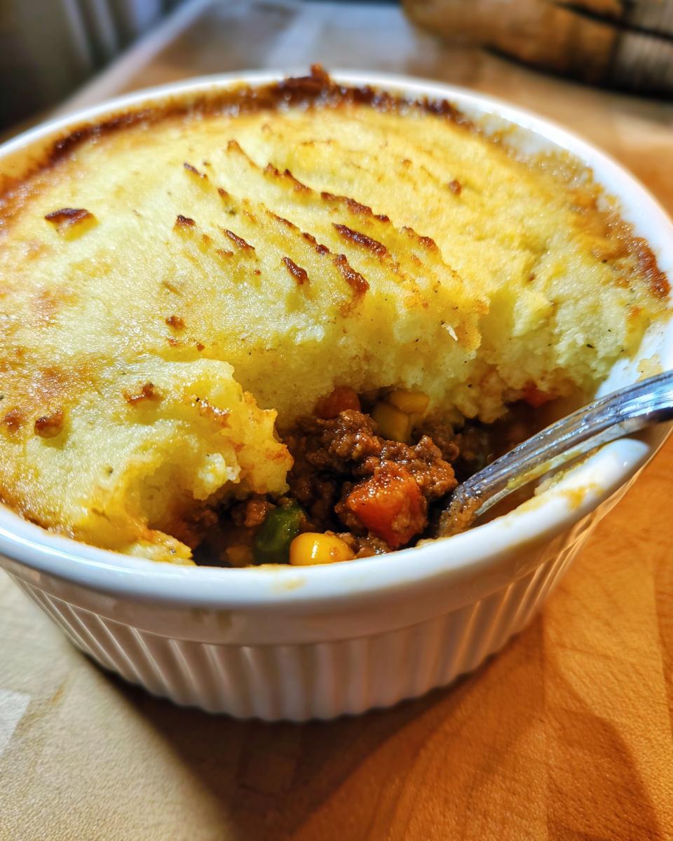 A close-up of a portion of Classic Shepherd's Pie in a white ramekin, showing the golden-brown mashed potato topping and savory meat and vegetable filling.