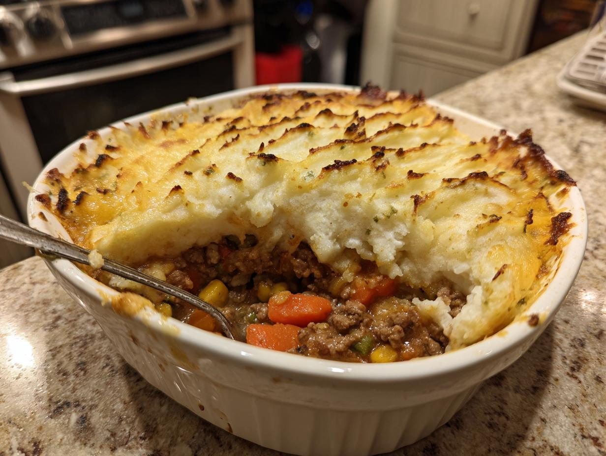 A serving dish filled with Classic Shepherd's Pie, showing the golden-brown mashed potato topping and savory meat and vegetable filling.