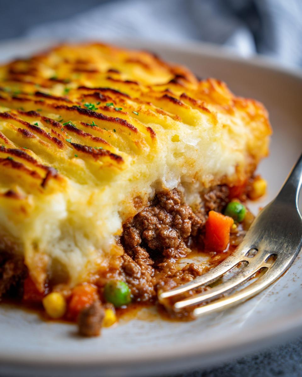 A close-up of a serving of Classic Shepherd's Pie, showing the rich meat filling with vegetables and a fluffy, browned mashed potato topping.