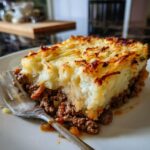 A generous slice of Classic Shepherd's Pie on a white plate, featuring a rich meat filling topped with golden-brown mashed potatoes.