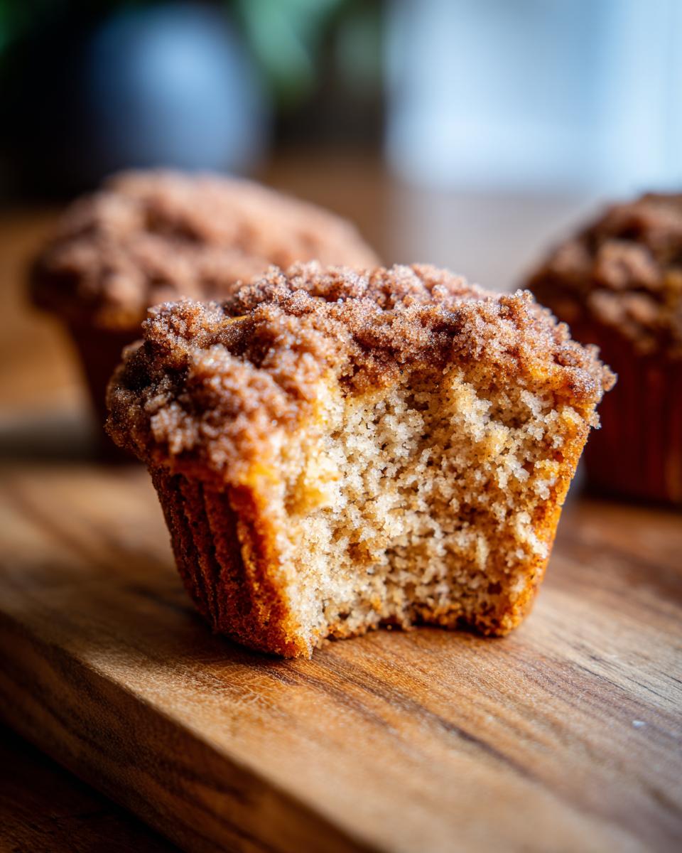 Close-up of a coffee cake muffin with a bite taken out, showing the moist crumb and cinnamon streusel topping.