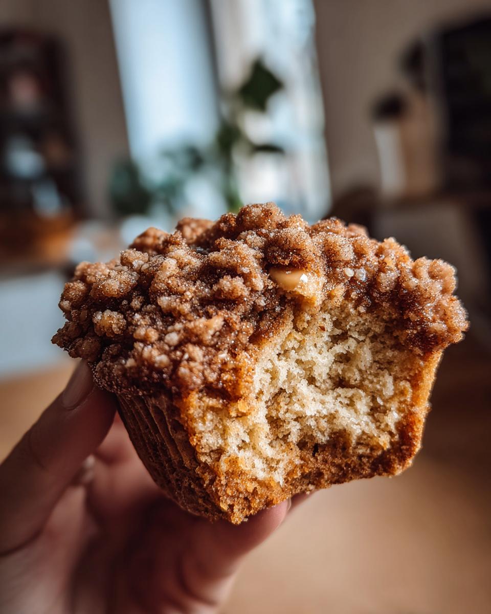 A hand holds a delicious coffee cake muffin with a generous crumble topping and a bite taken out.