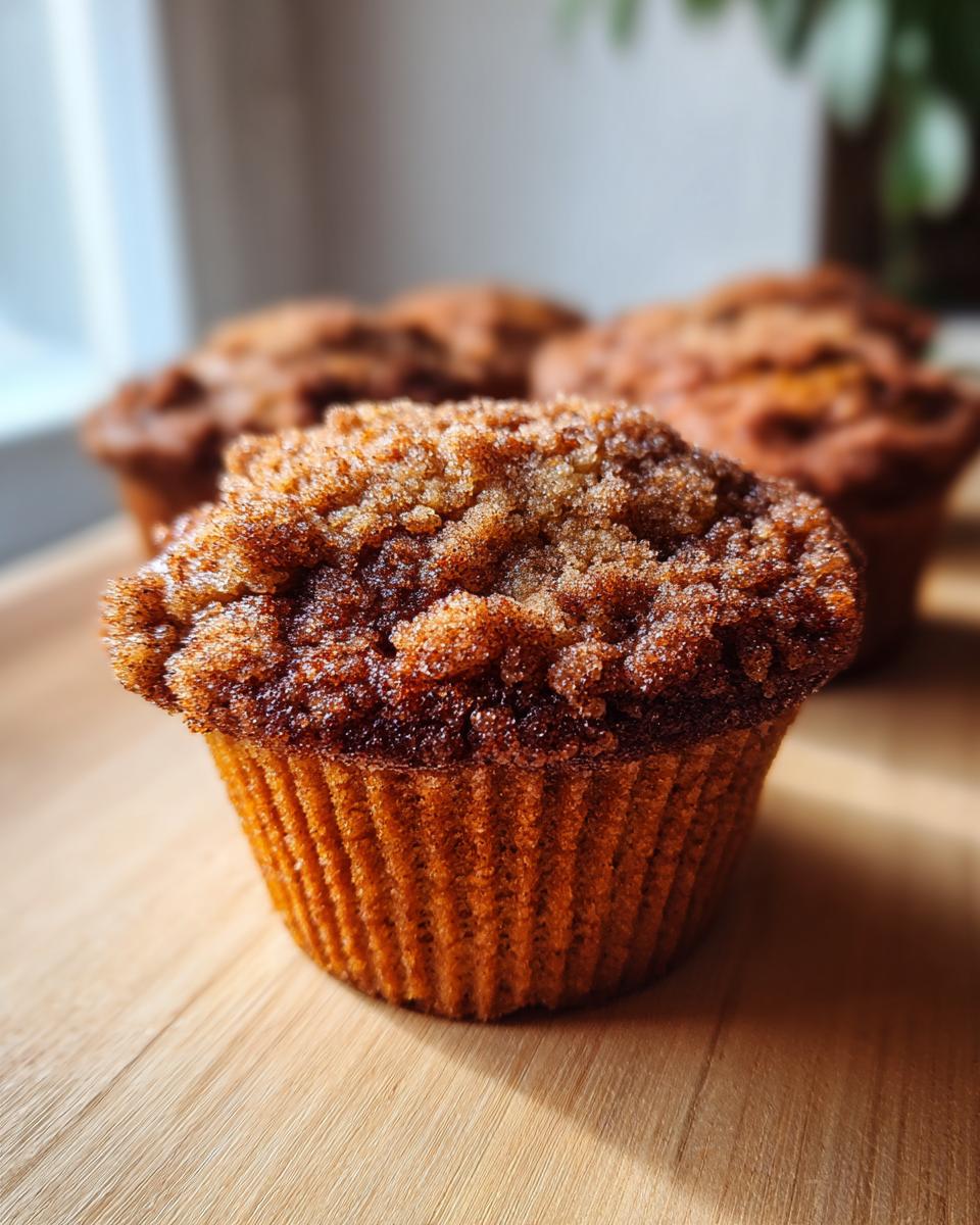 Close-up of a freshly baked coffee cake muffin with a crumbly streusel topping, showcasing its golden-brown color.
