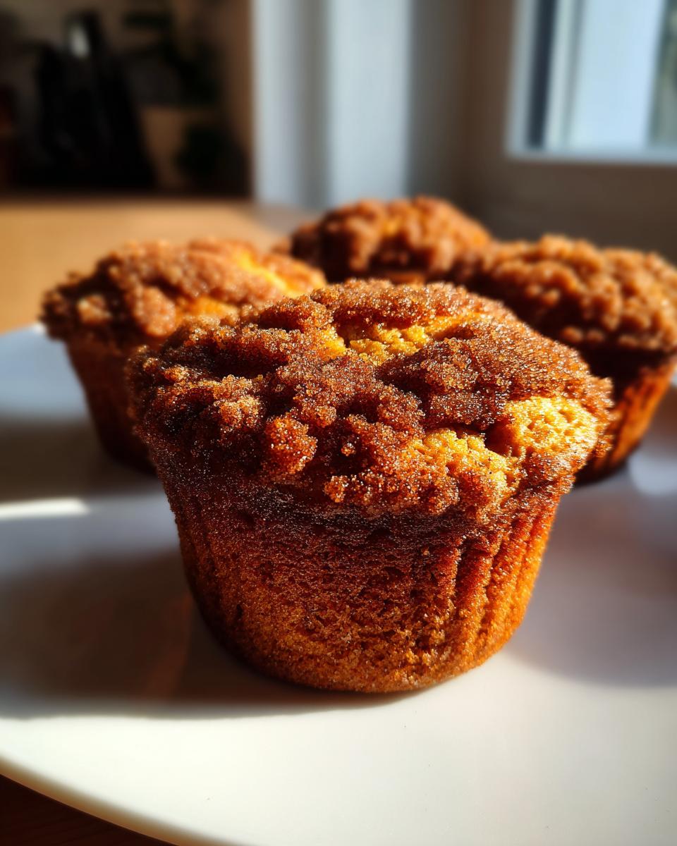 Close-up of golden brown coffee cake muffins topped with a generous amount of cinnamon streusel.
