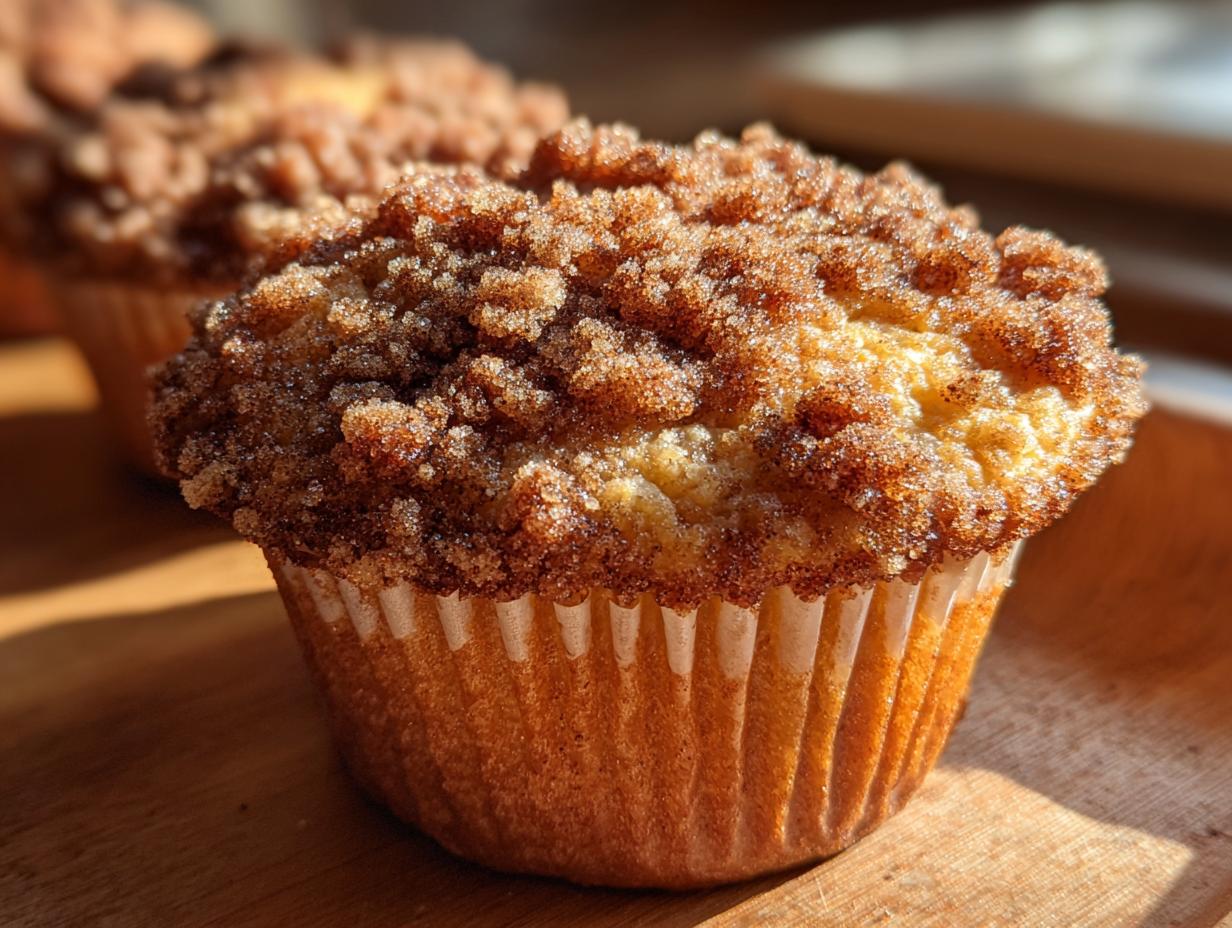 Close-up of a freshly baked coffee cake muffin with a generous cinnamon streusel topping.