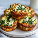 Stack of golden-brown Cottage Cheese Egg Cups With Spinach & Feta on a plate, topped with crumbled feta cheese.