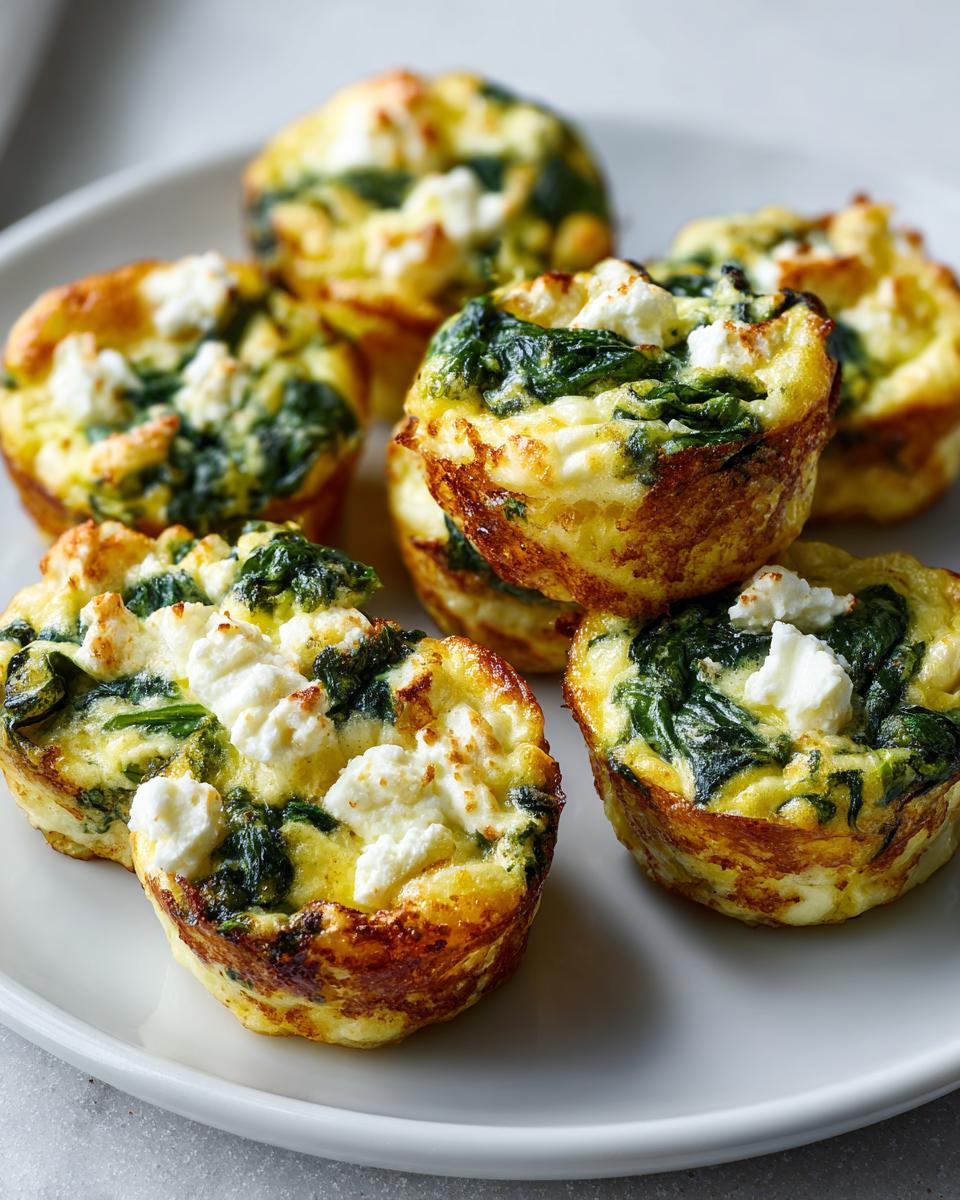 A plate of golden-brown Cottage Cheese Egg Cups With Spinach & Feta, topped with crumbled feta cheese.