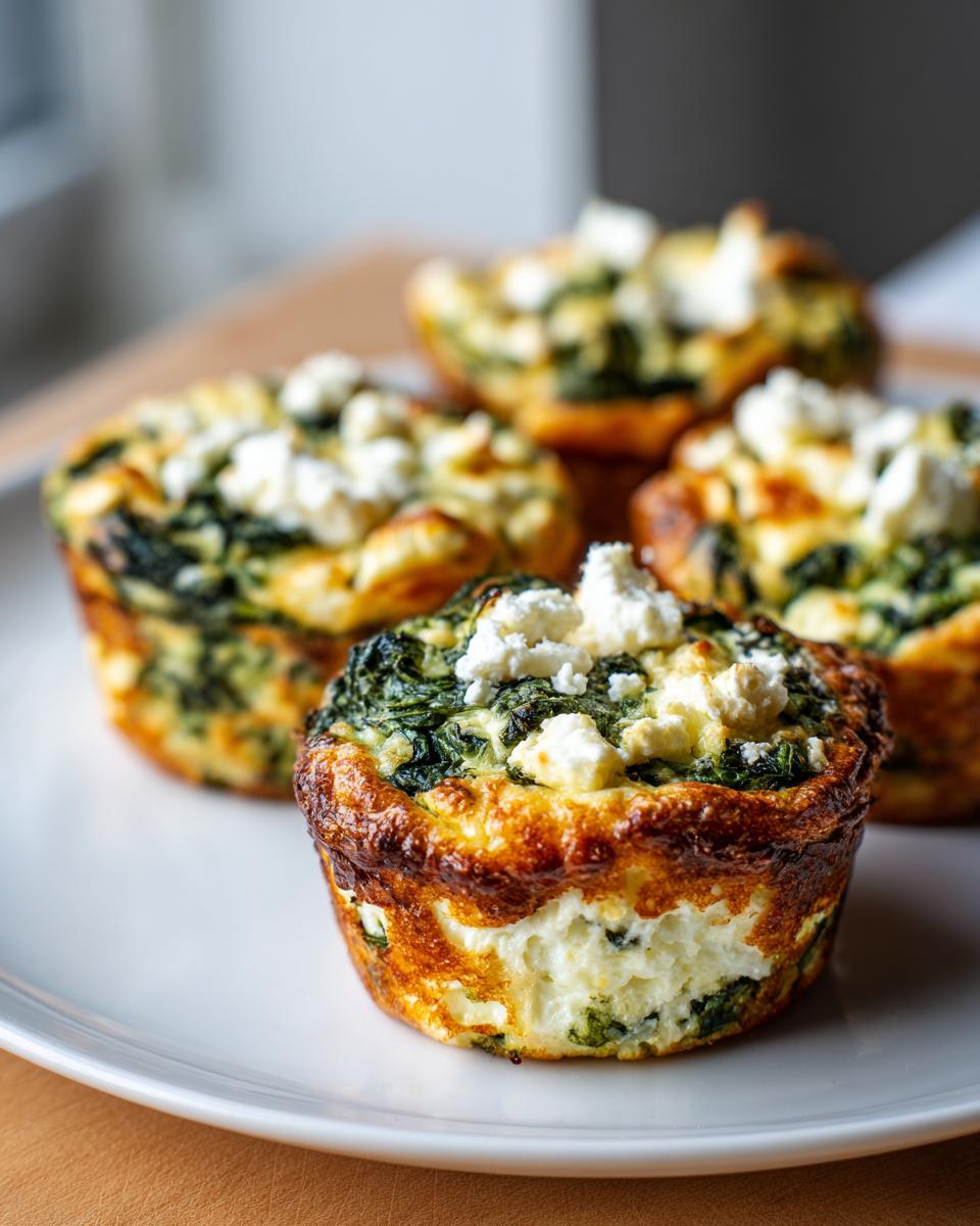 Close-up of baked Cottage Cheese Egg Cups With Spinach & Feta on a white plate.
