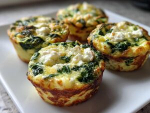 Close-up of delicious Cottage Cheese Egg Cups with Spinach & Feta on a white plate.