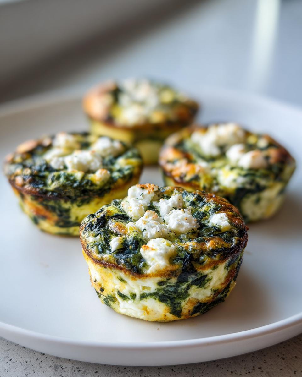 Close-up of four Cottage Cheese Egg Cups with Spinach & Feta on a white plate.