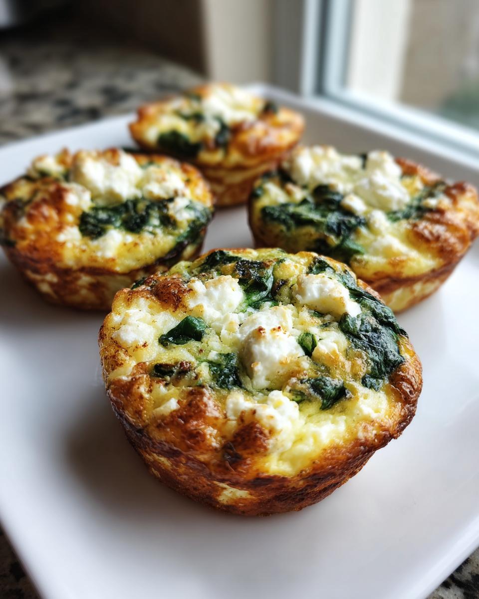 Four golden-brown Cottage Cheese Egg Cups With Spinach & Feta served on a white plate.