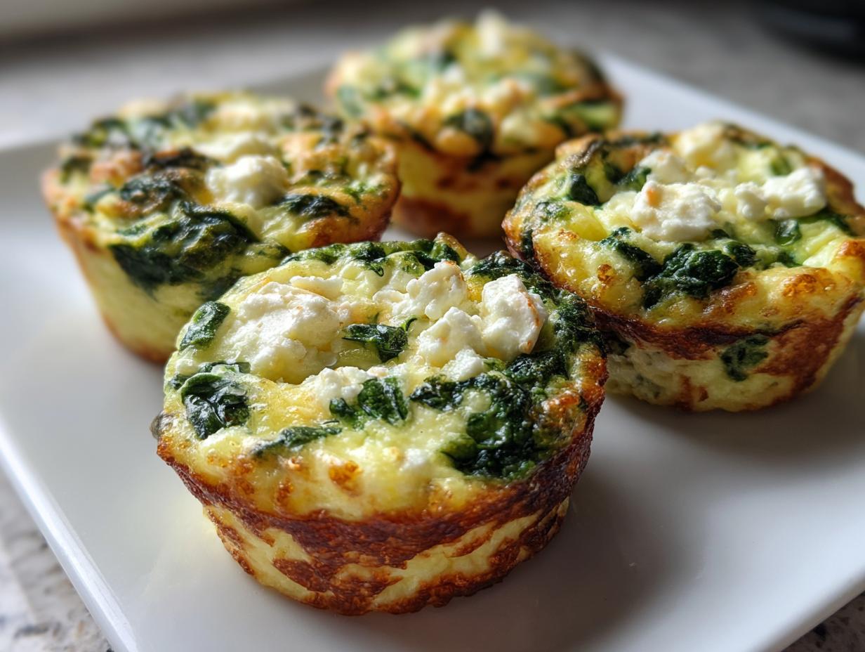 Close-up of delicious Cottage Cheese Egg Cups with Spinach & Feta on a white plate.