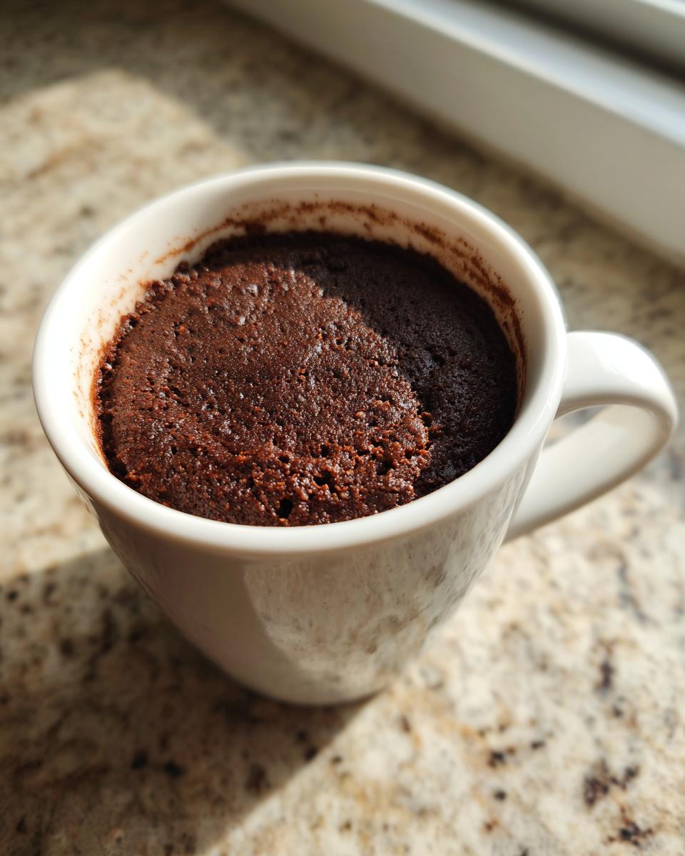 A close-up of a rich, dark chocolate Cottage Cheese Microwave Brownie baked in a white mug.