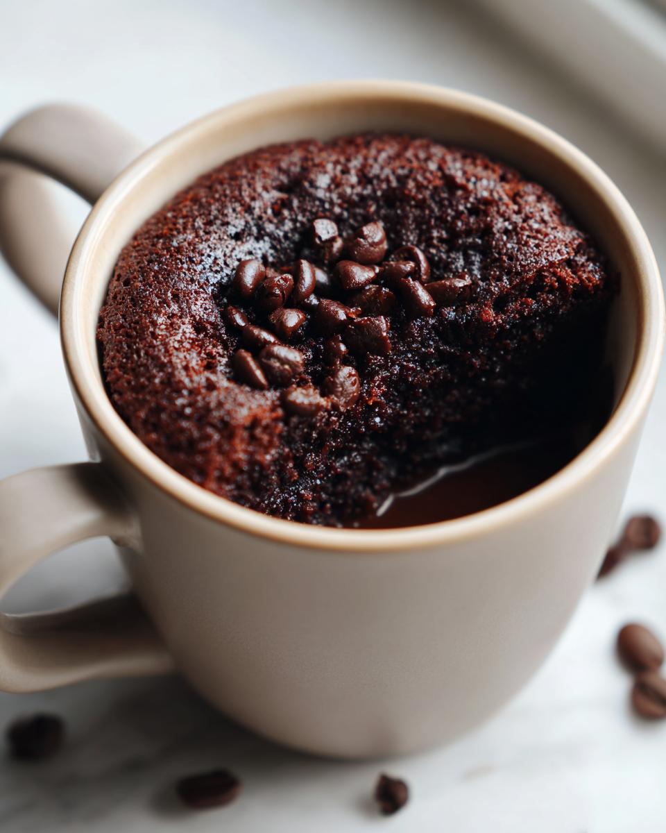 A close-up of a rich chocolate Cottage Cheese Microwave Brownie topped with chocolate chips in a mug.