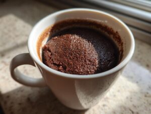 A close-up of a rich chocolate Cottage Cheese Microwave Brownie baked in a white mug.