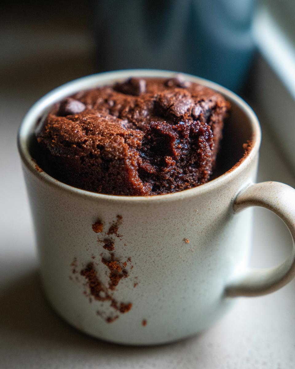 A close-up of a decadent Cottage Cheese Microwave Brownie in a mug, topped with chocolate chips and a bite taken out.