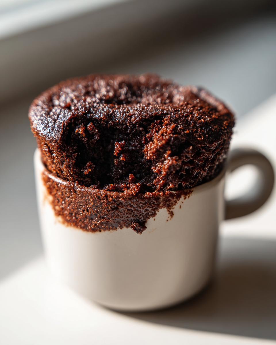 A close-up of a fluffy Cottage Cheese Microwave Brownie in a white mug, with a bite taken out.