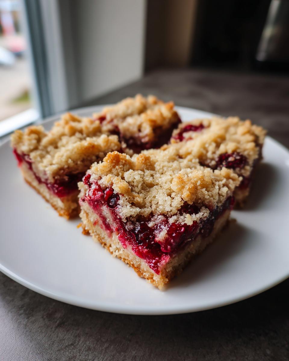 Three perfectly baked cranberry crumble bars arranged on a white plate, showcasing the crumb topping and vibrant cranberry filling.