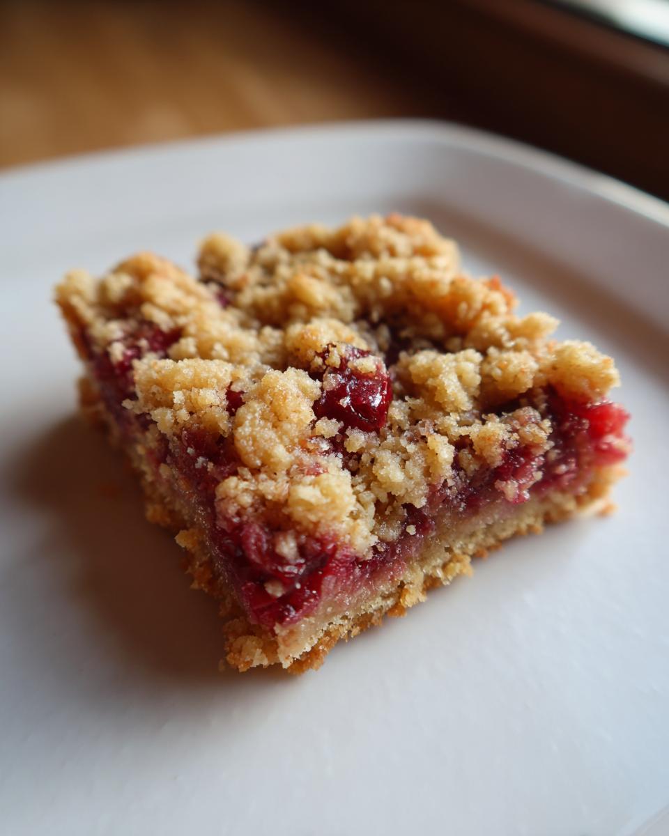 Close-up of a single cranberry crumble bar slice on a white plate, showing the crumb topping and tart cranberry filling.