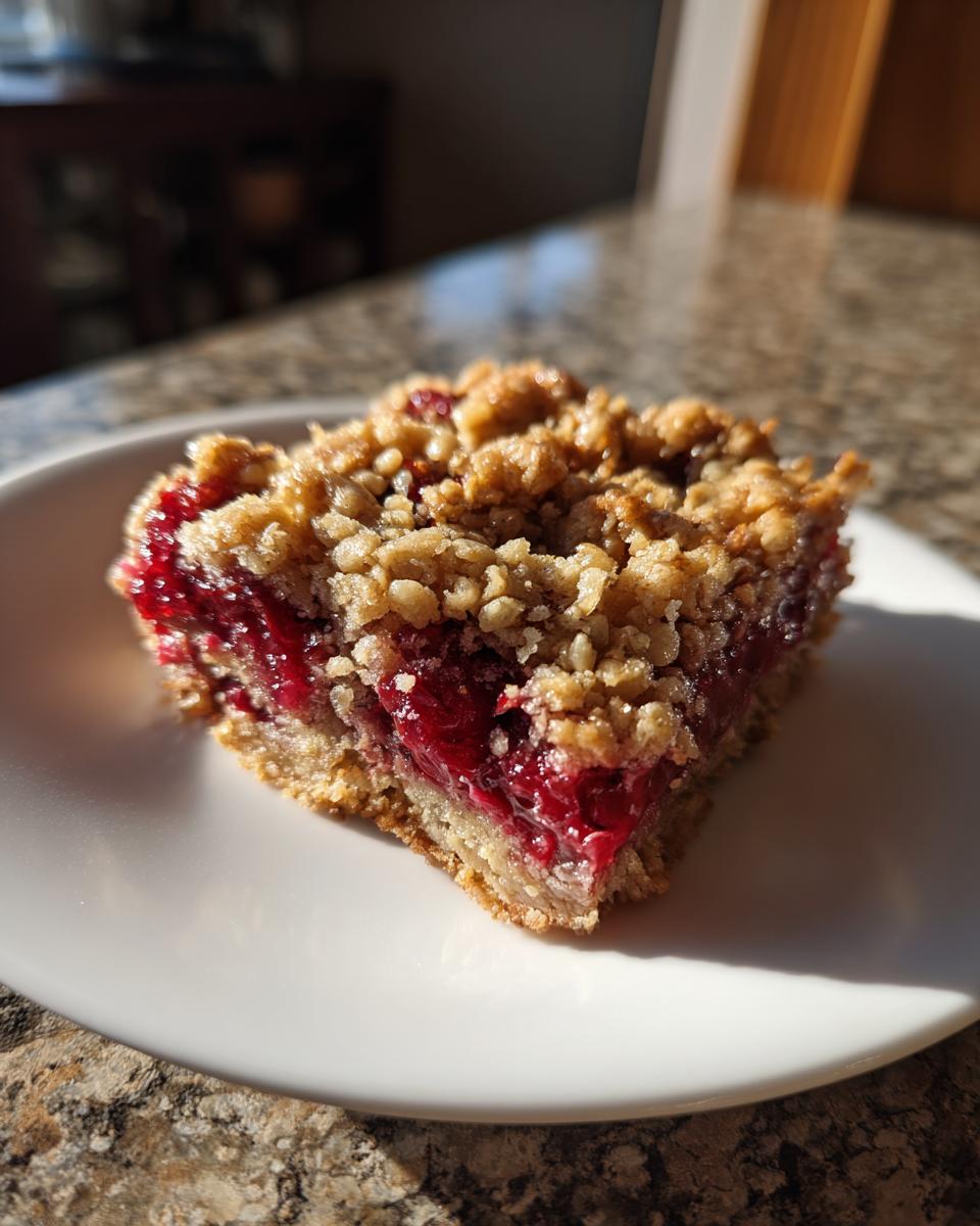 A single slice of cranberry crumble bars on a white plate, showcasing the thick cranberry filling and crumb topping.