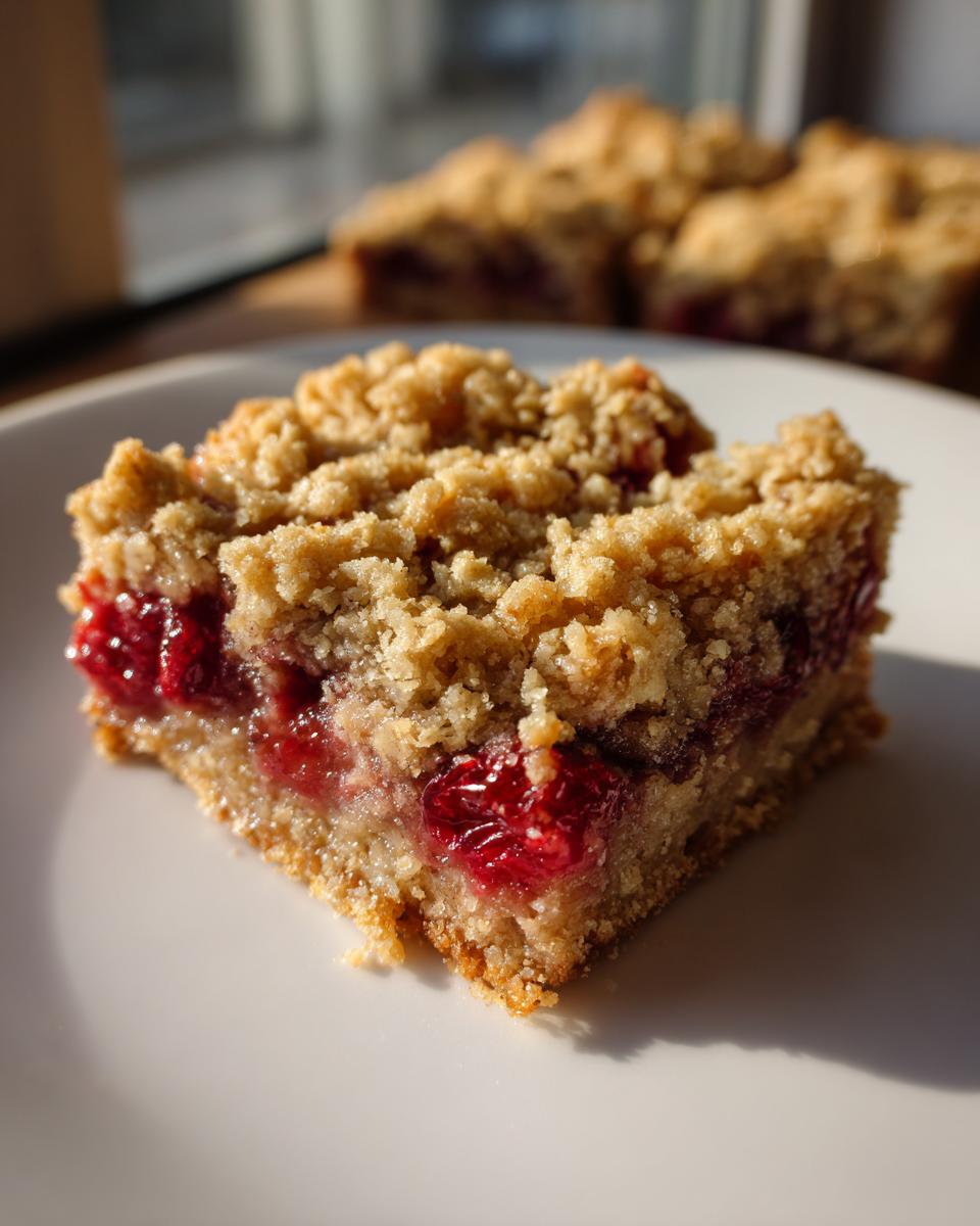 A close-up of a single cranberry crumble bar on a white plate, showcasing the crumb topping and bright red cranberry filling.