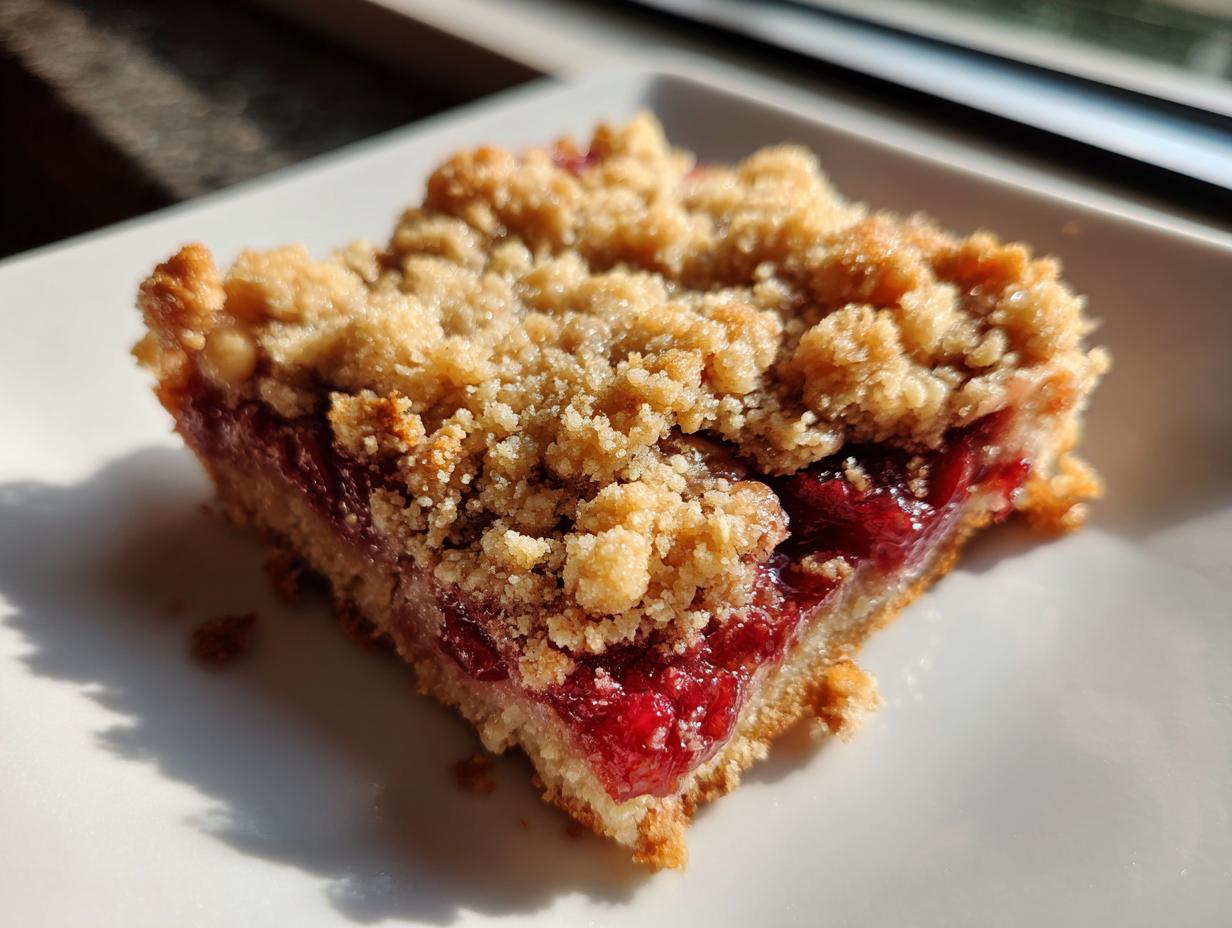 A close-up of a single cranberry crumble bar slice on a white plate, showing the crumb topping and vibrant red cranberry filling.