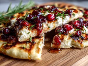 Close-up of a slice of cranberry goat cheese flatbread, drizzled with glaze and garnished with rosemary.