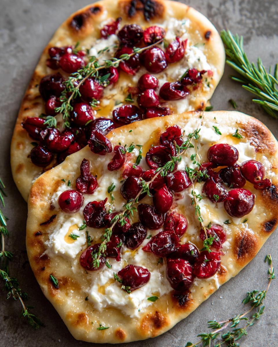 Close-up of two cranberry goat cheese flatbreads topped with fresh cranberries, creamy goat cheese, and thyme.