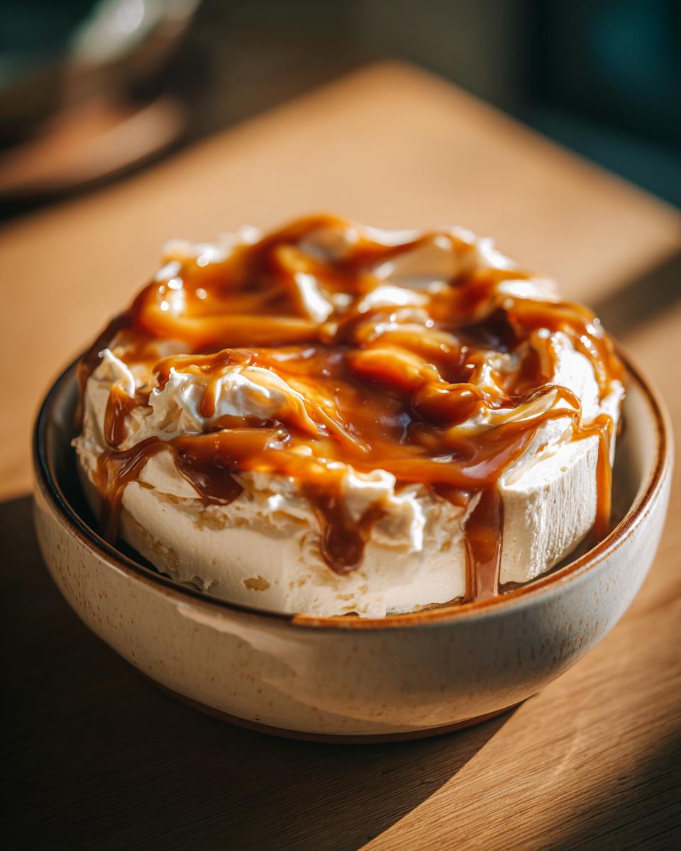 Close-up of a rich cream cheese caramel apple dip, drizzled with caramel sauce.