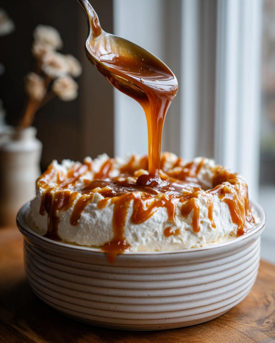 A spoon drizzling thick caramel sauce over a fluffy cream cheese caramel apple dip.