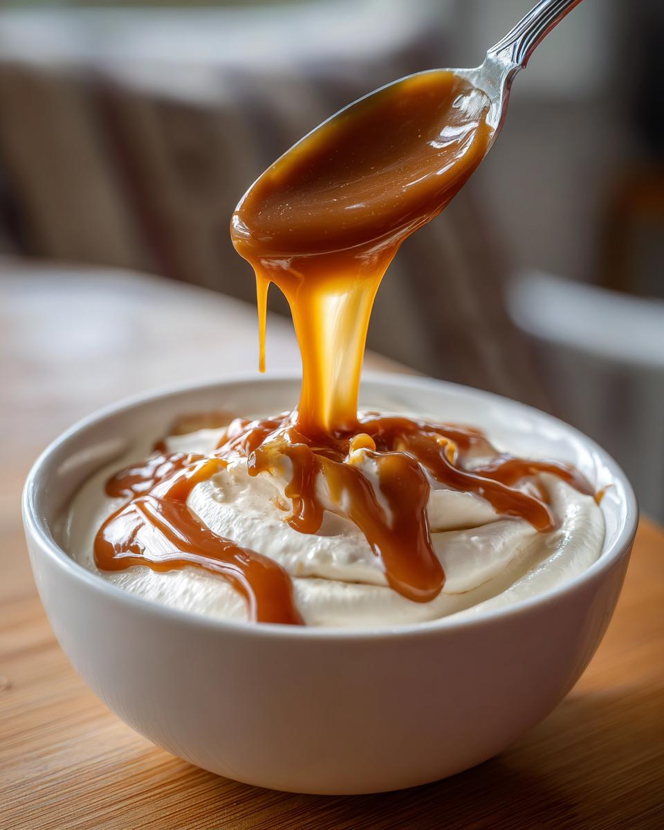 A spoon drizzling rich caramel sauce over a bowl of creamy cream cheese caramel apple dip.